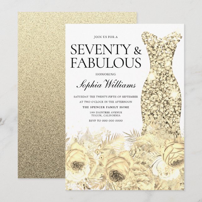 Gold Dress Floral Siebzig & Fabelhaft 70. Geburtst Einladung (Vorne/Hinten)