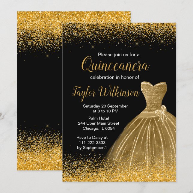Gold Dress Imitate Glitzer Quinceanera Einladung (Vorne/Hinten)