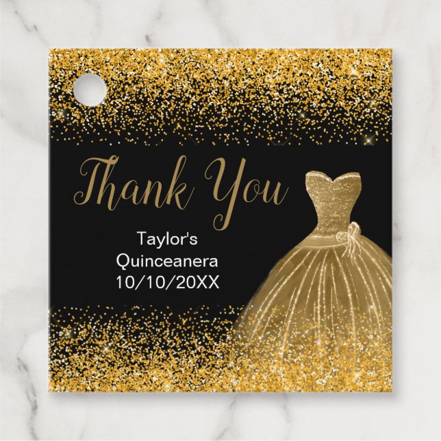 Gold Dress Imitate Glitzer Quinceanera Geschenkanhänger (Vorderseite)