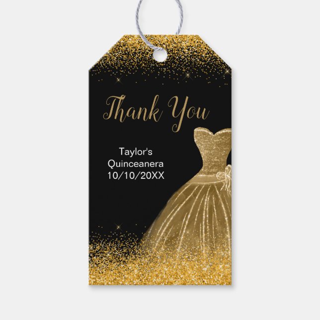 Gold Dress Imitate Glitzer Quinceanera Geschenkanhänger (Vorderseite)