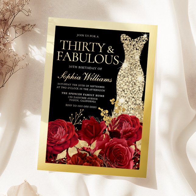 Gold Dress Red Roses 30th Birthday Gold Folieneinladung (Von Creator hochgeladen)