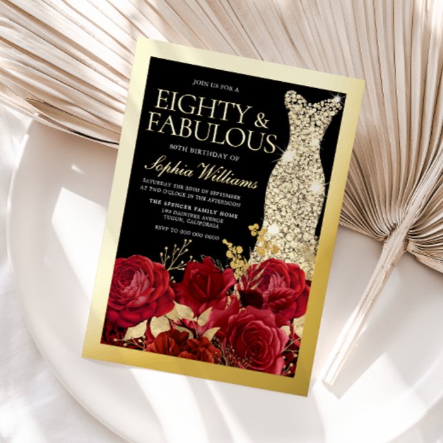 Gold Dress Red Roses 80th Birthday Gold Folieneinladung (Von Creator hochgeladen)
