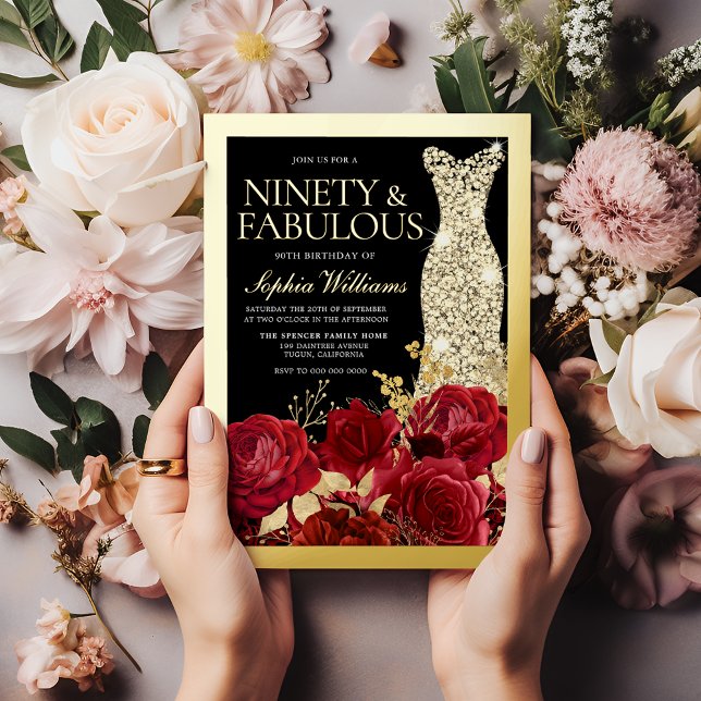 Gold Dress, Red Roses Ninety 90th Birthday Gold Folieneinladung (Von Creator hochgeladen)