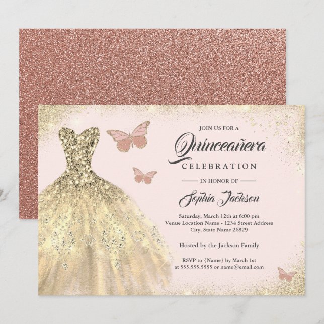 Gold Dress Rose Gold Butterfly Quinceanera Einladung (Vorne/Hinten)
