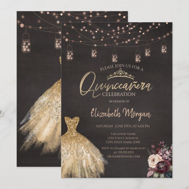 Gold Dress Rustikale String Lights Rose Quinceañer Einladung (Vorne/Hinten)