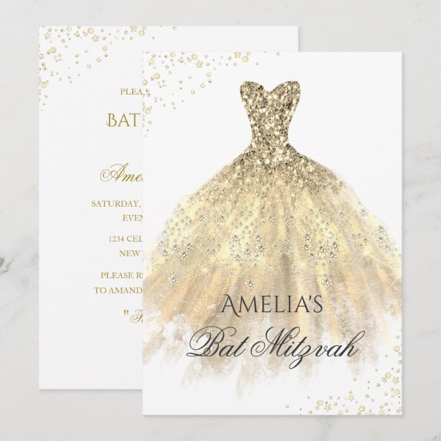 Gold Dress Sparkle Girls Einladung (Vorne/Hinten)