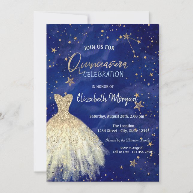 Gold Dress Stars Galaxy Quinceañera Einladung (Vorderseite)