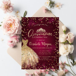 Gold Dress Tiara, Diamonds Burgundy Quinceañera Einladung