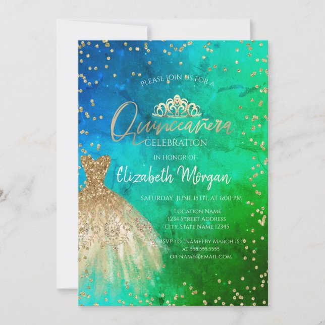 Gold Dress Tiara, Diamonds Green Blue Quinceañera Einladung (Vorderseite)