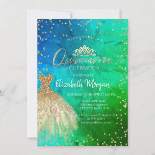 Gold Dress Tiara, Diamonds Green Blue Quinceañera Einladung