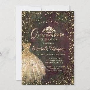 Gold Dress Tiara, Diamonds Retro Quinceañera Einladung