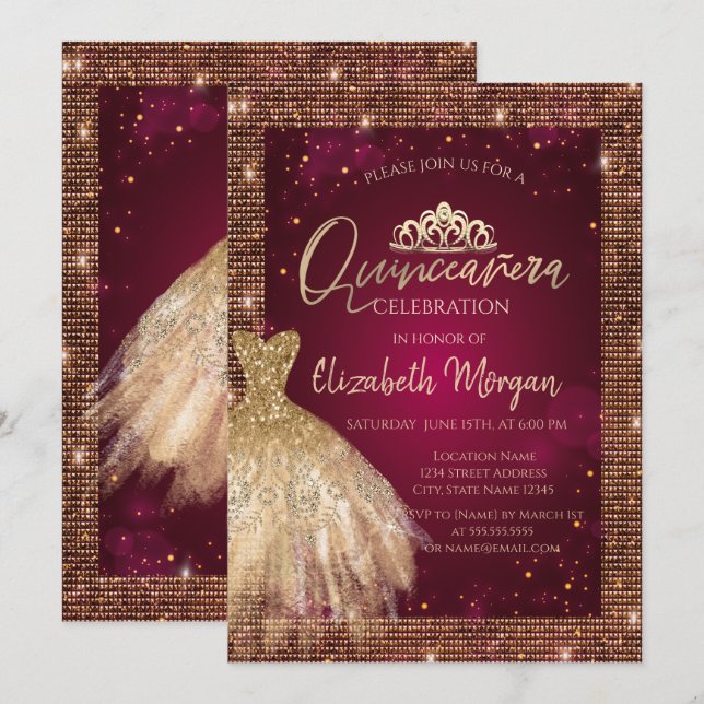 Gold Dress Tiara, Sequins Burgundy Quinceañera Einladung (Vorne/Hinten)