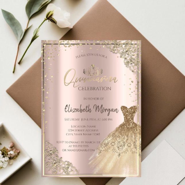 Gold DressTiara,Diamonds Rose Gold Quinceañera Einladung (Von Creator hochgeladen)