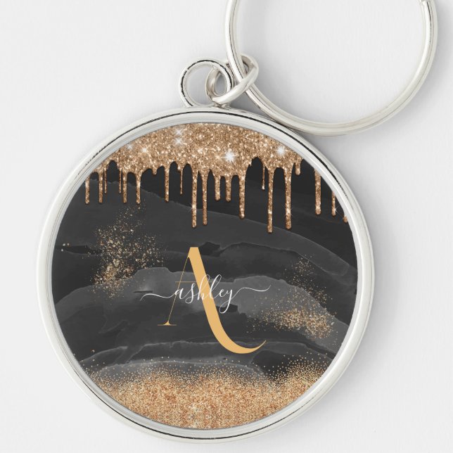 Gold Dripping Glitter Monogram Custom Metallic Schlüsselanhänger (Vorne)
