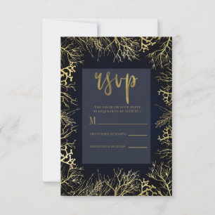 Gold & Dunkelblau Elegante Korallen-Hochzeit RSVP Karte