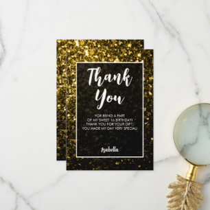 Gold dunkle Glitzern Sweet 16 elegante Schrift Dankeskarte