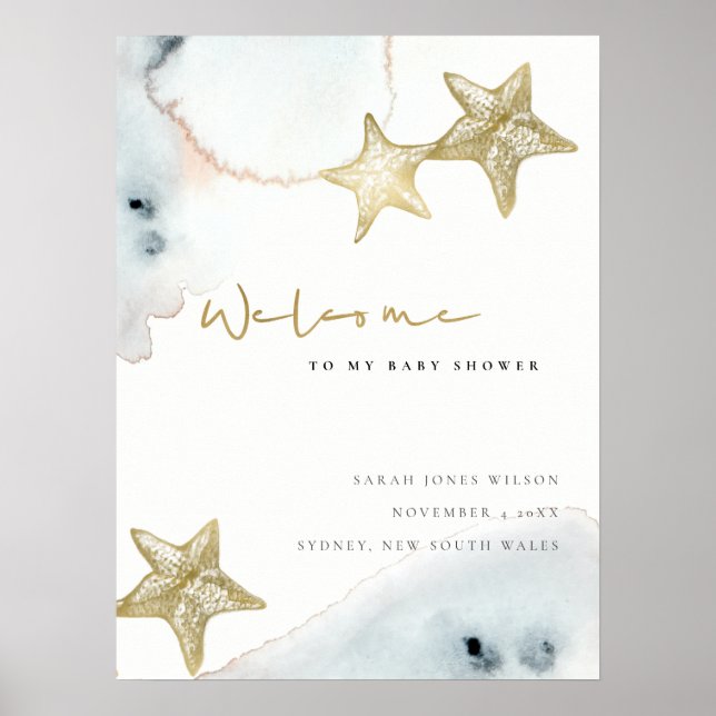 Gold Dusky Blue Beach Starfish Baby Dusche Willkom Poster (Vorne)