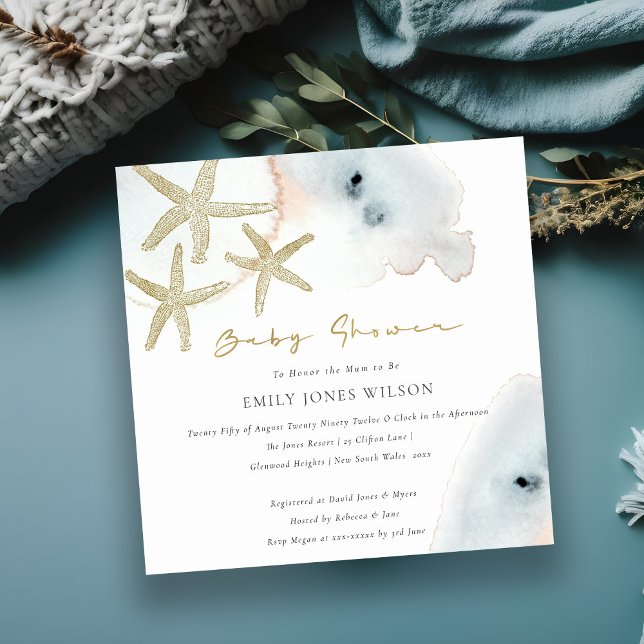 GOLD DUSKY BLUE BEACHY STARFISH BABY SHOWITE DANKESKARTE (Von Creator hochgeladen)