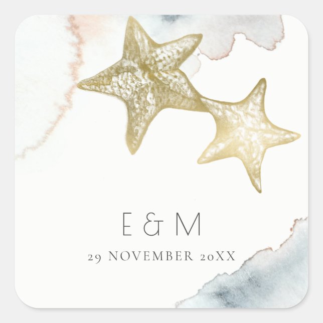 GOLD DUSKY BLUE BEACHY STARFISH MONOGRAM WEDD QUADRATISCHER AUFKLEBER (Vorderseite)