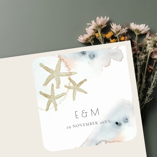 GOLD DUSKY BLUE BEACHY STARFISH MONOGRAM WEDD QUADRATISCHER AUFKLEBER (Von Creator hochgeladen)