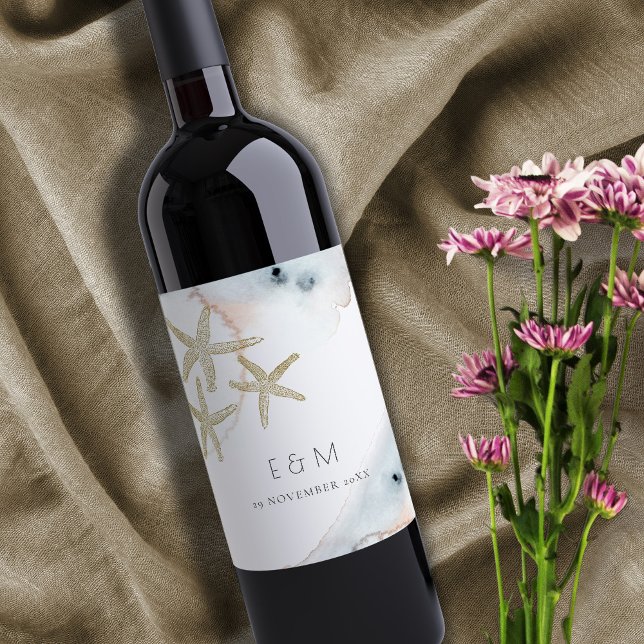 GOLD DUSKY BLUE BEACHY STARFISH MONOGRAM WEDD WEINETIKETT (Von Creator hochgeladen)