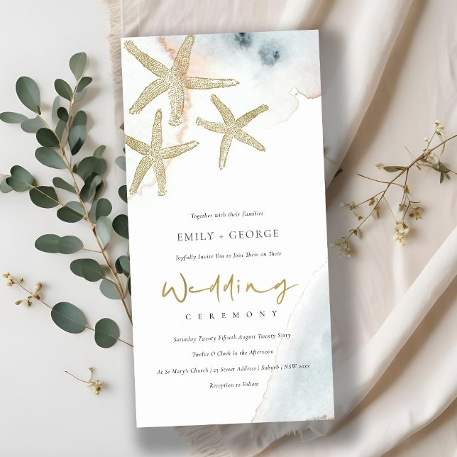 GOLD DUSKY BLUE BEACHY STARFISH WEDING INVITE DANKESKARTE (Von Creator hochgeladen)