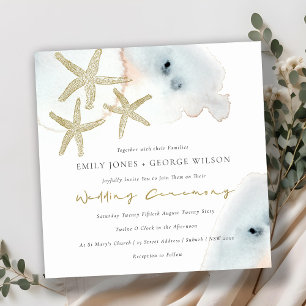 GOLD DUSKY BLUE BEACHY STARFISH WEDING INVITE DANKESKARTE