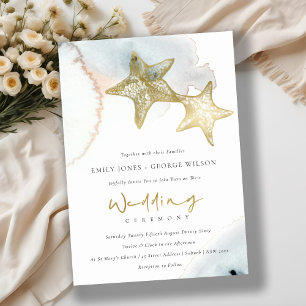 GOLD DUSKY BLUE BEACHY STARFISH WEDING INVITE DANKESKARTE