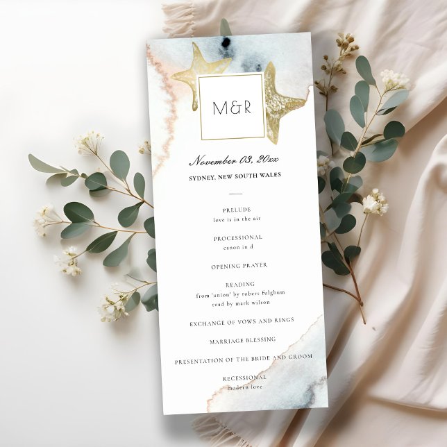 GOLD DUSKY BLUE STARFISH WEDDING CEREMONY PROGRAMM (Von Creator hochgeladen)