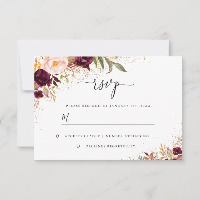 Gold Dust Burgundy Floral RSVP Karte (Vorderseite)