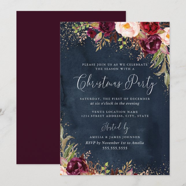 Gold Dust Burgundy Navy Blumenweihnachtsfest Einladung (Vorne/Hinten)