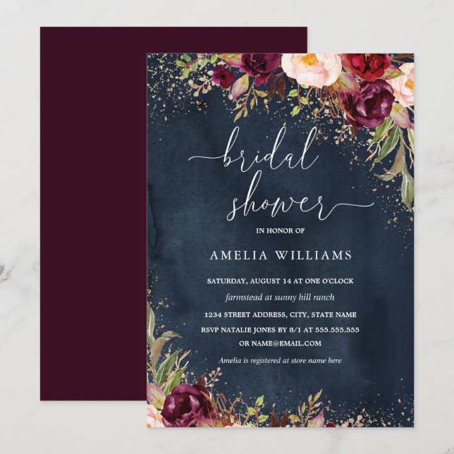 Gold Dust Burgundy Navy Brautparty Einladung (Vorne/Hinten)