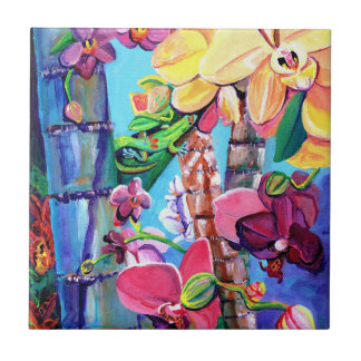Gold Dust Day Hawaiian Gecko mit Orchideen Fliese