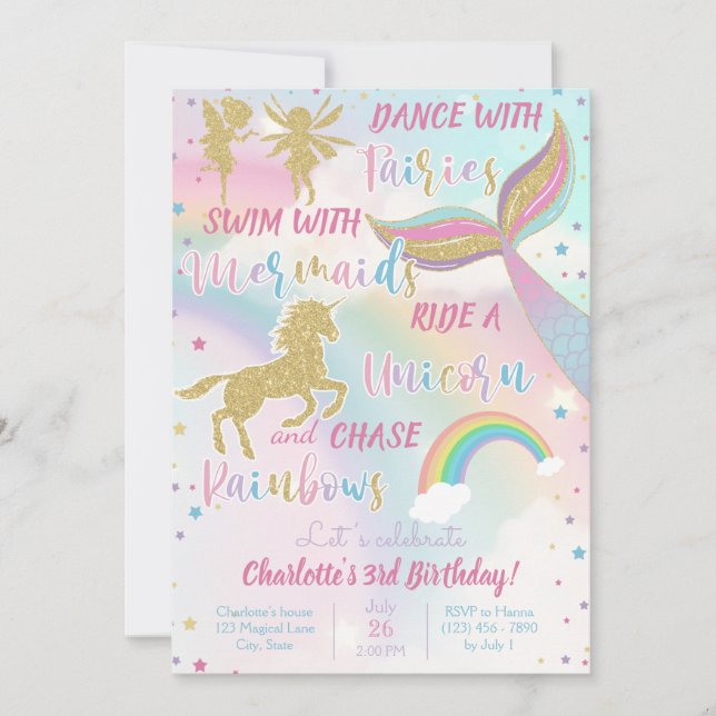 Gold Dust Magical Unicorn Fairy Meerjungfrau Gebur Einladung (Vorderseite)