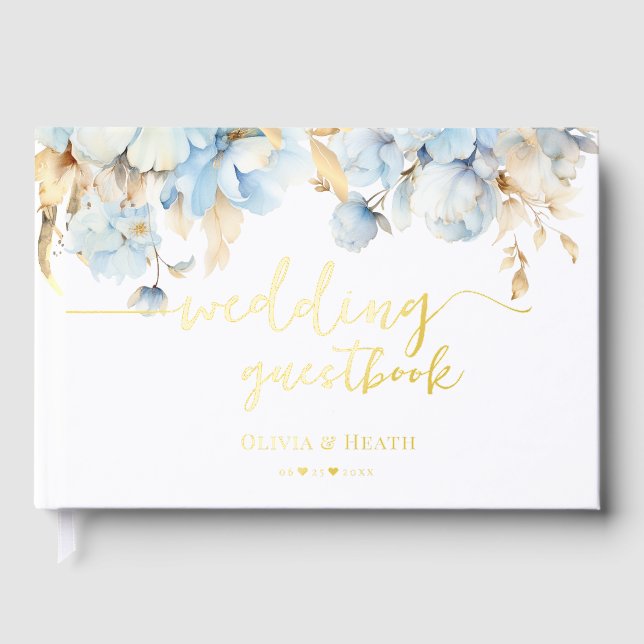 Gold Dusty Blue Floral Wedding Gästebuch (Vorderseite)