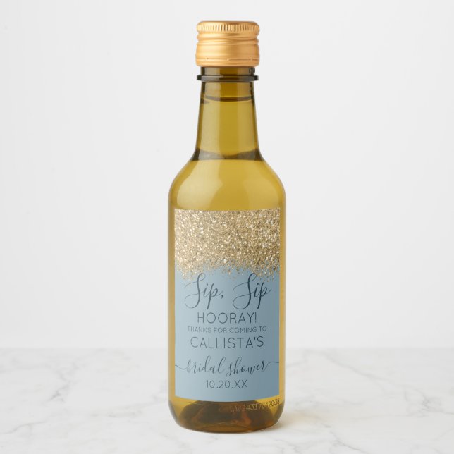 Gold Dusty Blue Glitzer Confetti Brautparty Win Weinetikett (Vorderseite)