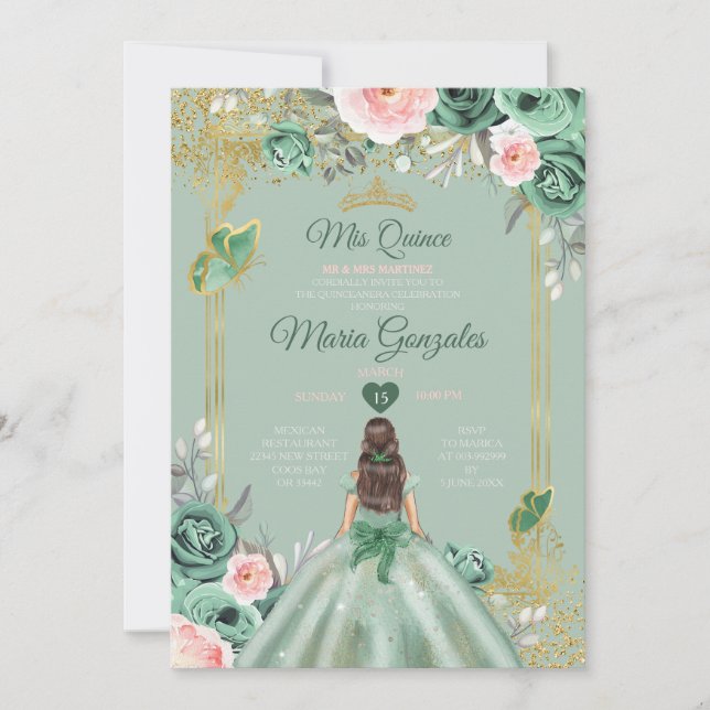Gold Dusty Green Pink Mis Quince 15 Anos Einladung (Vorderseite)