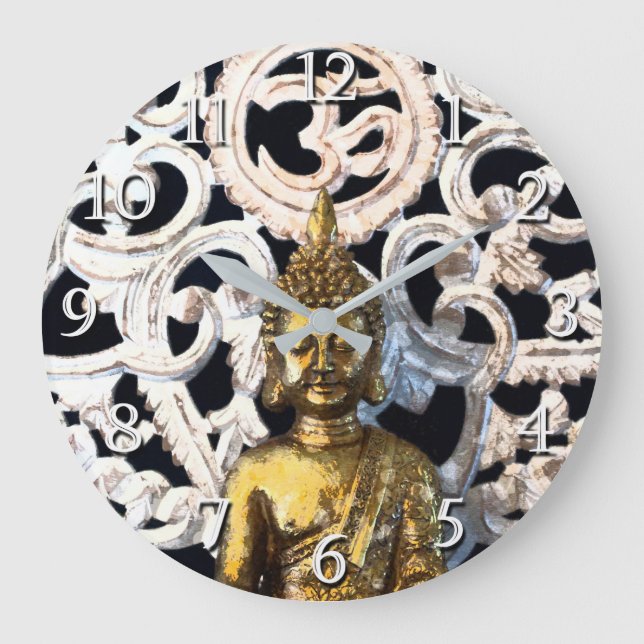 Gold Earth Buddha OM Aum Mantra Ajna Meditation Große Wanduhr (Vorderseite)