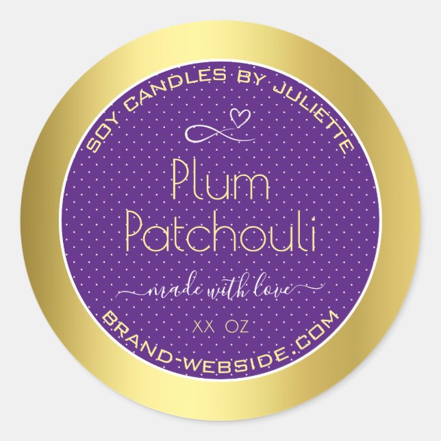 Gold Effect Lila Plum Soy Candles Packaging Runder Aufkleber (Vorderseite)