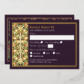 Gold Eggplant Medieval Floral Sword Wedding RSVP Folieneinladung