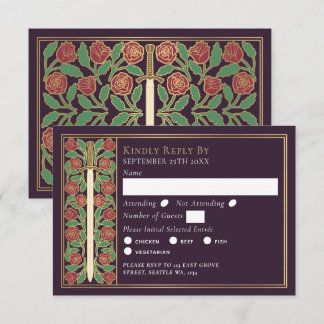 Gold Eggplant Medieval Floral Sword Wedding RSVP Karte