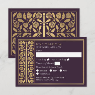 Gold Eggplant Medieval Sword Royal Wedding RSVP Karte