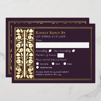 Gold Eggplant Medieval Sword Wedding RSVP Folieneinladung