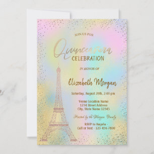 Gold Eiffel Tower Confetti Holographic Quinceañera Einladung