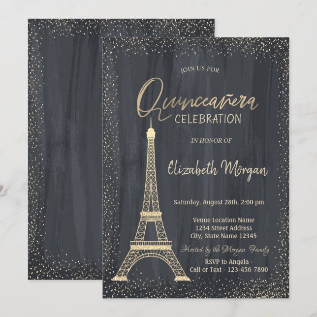 Gold Eiffel Tower Confetti Quinceanera Einladung (Vorne/Hinten)