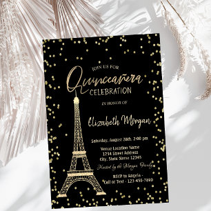 Gold Eiffel Tower Diamonds Black Quinceanera Einladung