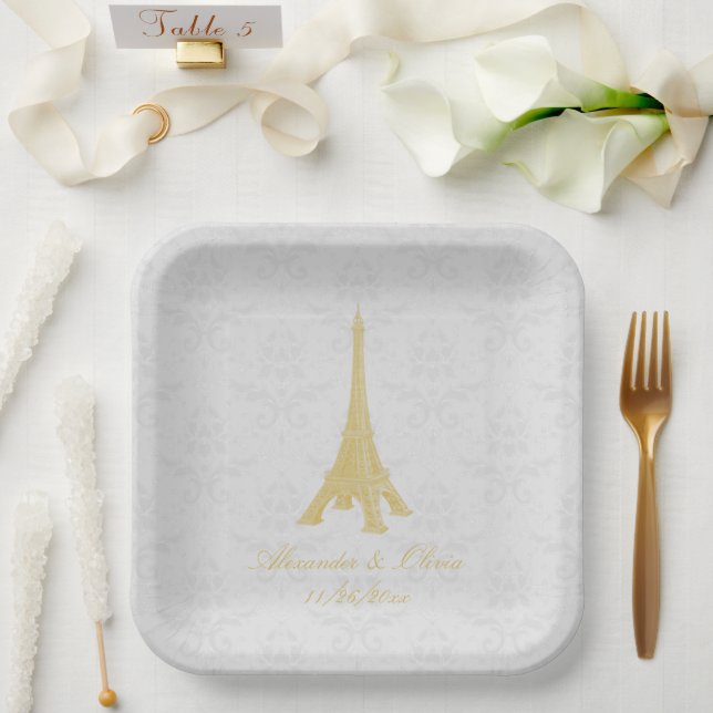 Gold Eiffelturm Damask Brautdusche Pappteller (Hochzeit)