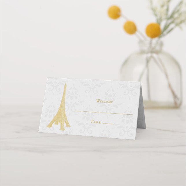 Gold Eiffelturm Damask Empfang Platzkarte (Vorderseite)