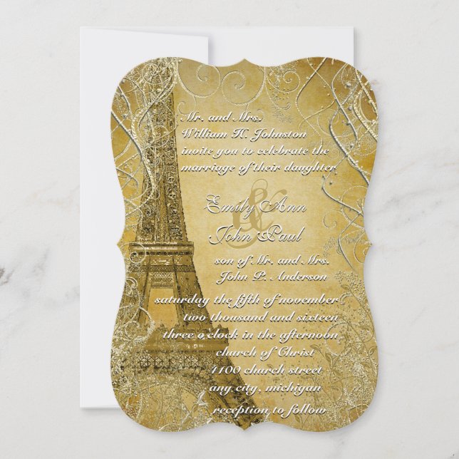 Gold Eiffelturm Swirl Blätter Einladung (Vorderseite)