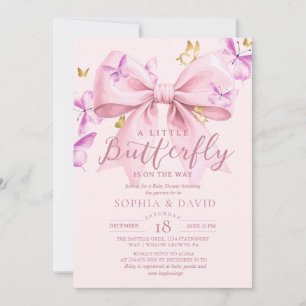 Gold Ein Kleiner Schmetterling  Rosa Schleife Baby Einladung
